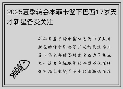 2025夏季转会本菲卡签下巴西17岁天才新星备受关注